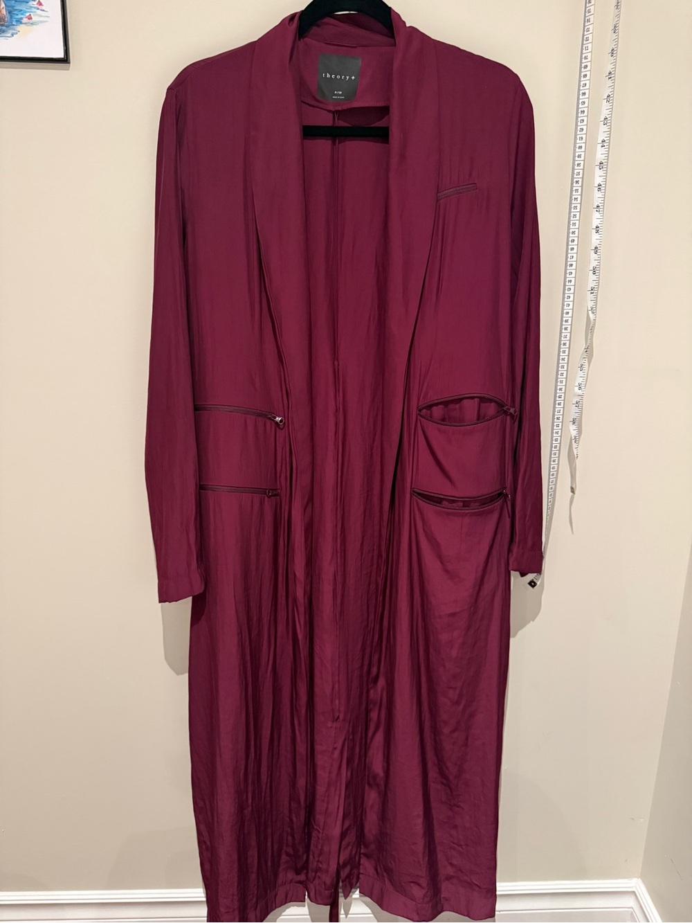 Theory+ Burgundy Long Duster Cardigan Open Front Zip Pocket Petite P